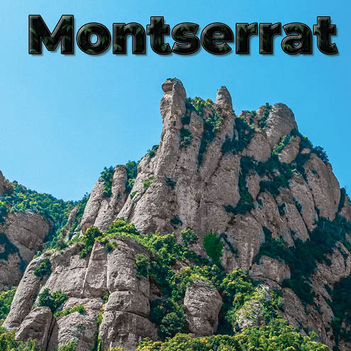 The front cover of my font book about Montserrat. Featuring a Montserrat mountain and 'Montserrat' as the title.