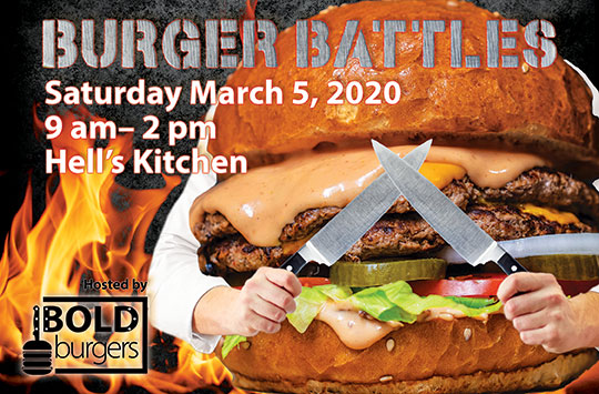An advertisement for an event 'Burger Battles'. Featuring the logo, a hamburger that is holding knifes, a fire background, and information about the event.