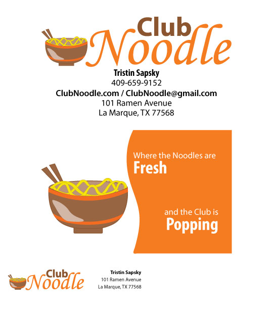 Club Noodle's business card, front and back. Featuring their contact information, and logo. As well as their envelope featuring their logo and address.