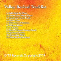 The left inside cover for Valley Revival by Steven Bills. Featuring the entire list of songs in the album.