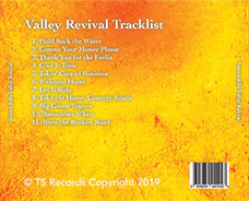 The front cd cover for Valley Revival by Steven Bills. Featuring the entire list of songs in the album as well as the barcode.