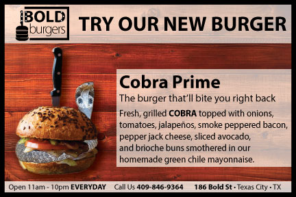 An advertisement for Bold burgers' hamburger that has cobra meat. Featuring a burger with a cobra in it, a wooden background, a description of the burger, and additional information about the resturant.
