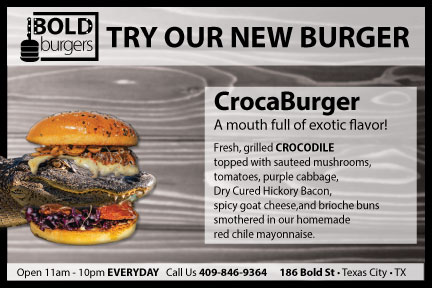 An advertisement for Bold burgers' hamburger that has alligator meat. Featuring a burger with an alligator in it, a wooden background, a description of the burger, and additional information about the resturant.