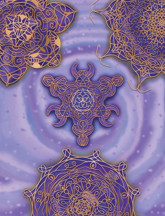 A digital painting that I've made. Featuring 4 purple and blue manadals with a golden stroke and a swirly background.