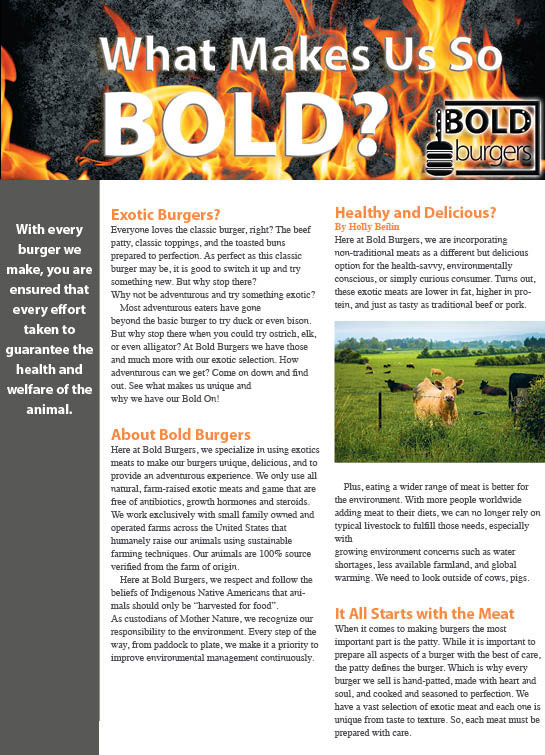 The first page of a newsletter by Bold burgers. The page talks about exotic burgers, about Bold burgers, and how the burgers are healthy and delicious.