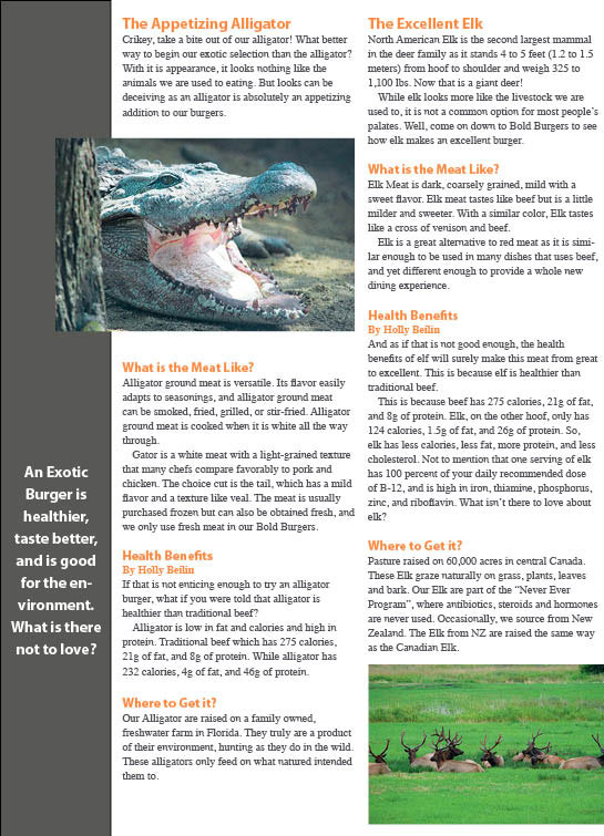 The second page of a newsletter by Bold burgers. The page talks about alligator and elk meat.