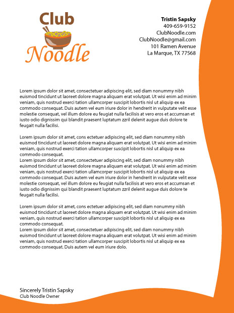 Club Noodle's letterhead, which features their logo, contact information, address, and placer text.
