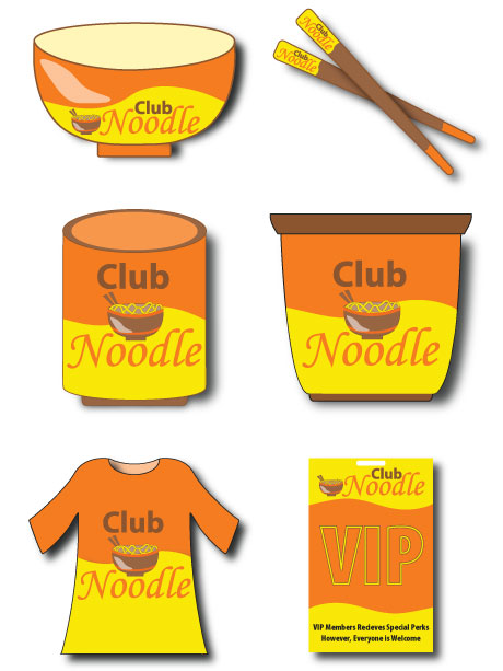 Six illustartions to show what Club Noodle's merch would look like. Featuring a ramen bowl, chopsticks, a cup, a take-away conatainer, a shirt, and a VIP Pass.