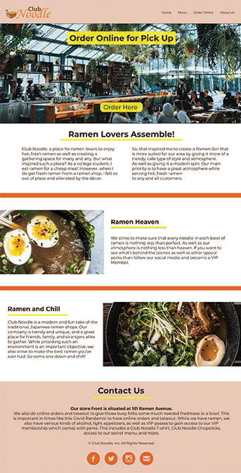 A website for Club Noodle, a noodle bar. The site explains why everyone should enjoy the ramen that Club Noodle serves.