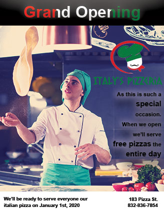 A poster featuring a chef tossing dough to make a pizza and explaining the special deal for serving free pizzas.