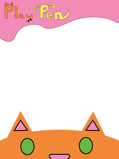 The letterhead for Play Pen. Featuring an abstract, pink shape along with the Play Pen logo on top, and an illustration of a cat on the bottom.