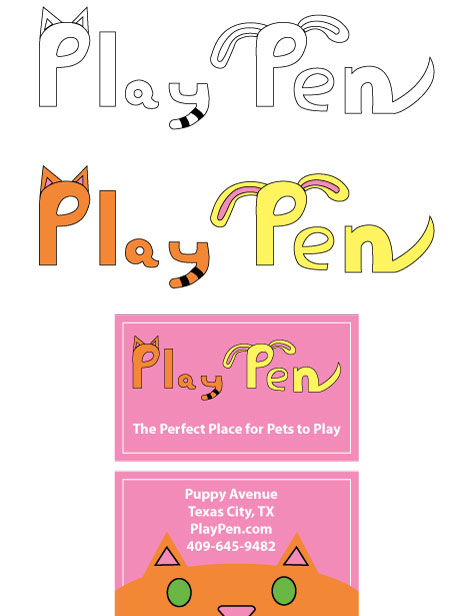 A black and white logo as well as the colored logo for Play Pen. Also featuring the front and back of their business card