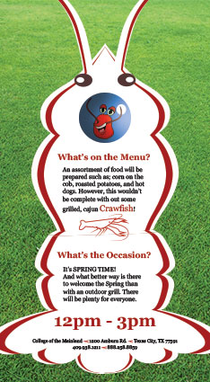 The back of an advertisement for the Spring Crawfish Festival hosted by College of the Mainland. It has an illustration of a crawfish with text explaining the event.