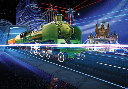 A surrealistic collage of stock images. Featuring a train going down a road surrounded by buildings and neon lights.