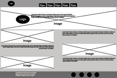A basic wireframe in black, white, and gray to explain where the basic layout for the Wake Up Cafe website.